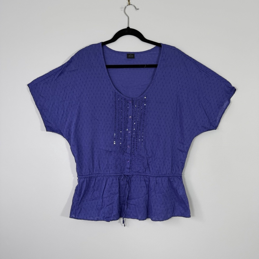 Calvin Klein Jeans Blue Swiss Dot Peplum Blouse Sequin Cotton Modal Peasant L